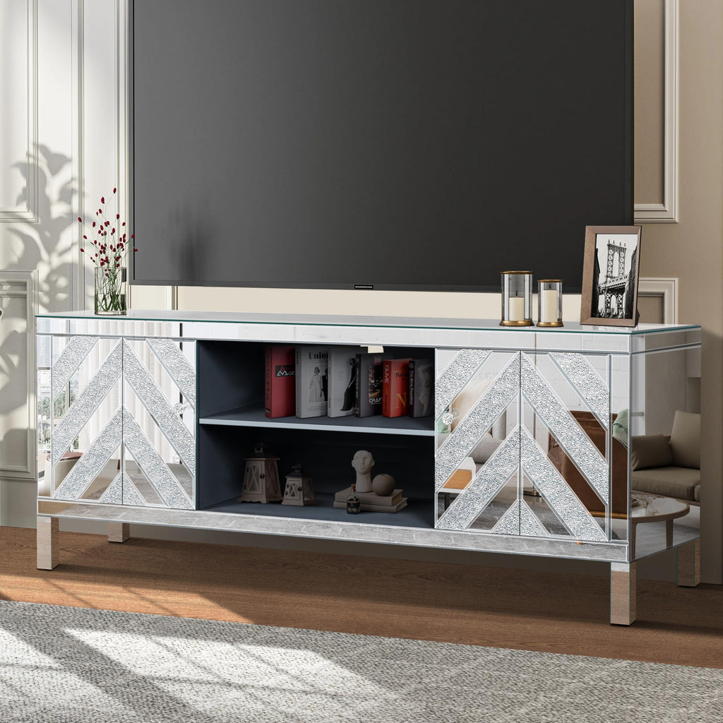 Mirrored for 65+ inch TV, Sliver TV Console Table with Open Storage & 2 Storage Cabinets, Diamond Shape Mirror Doors (A)