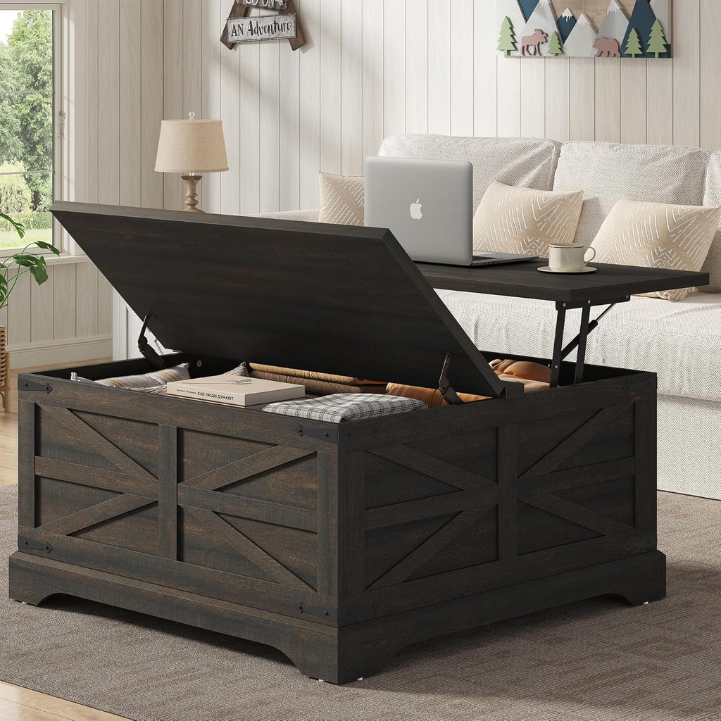 35.5''W Square Coffee Table Farmhouse Lift top Coffee Table with Large Hidden Storage, Wood Center Table, Dark Brown