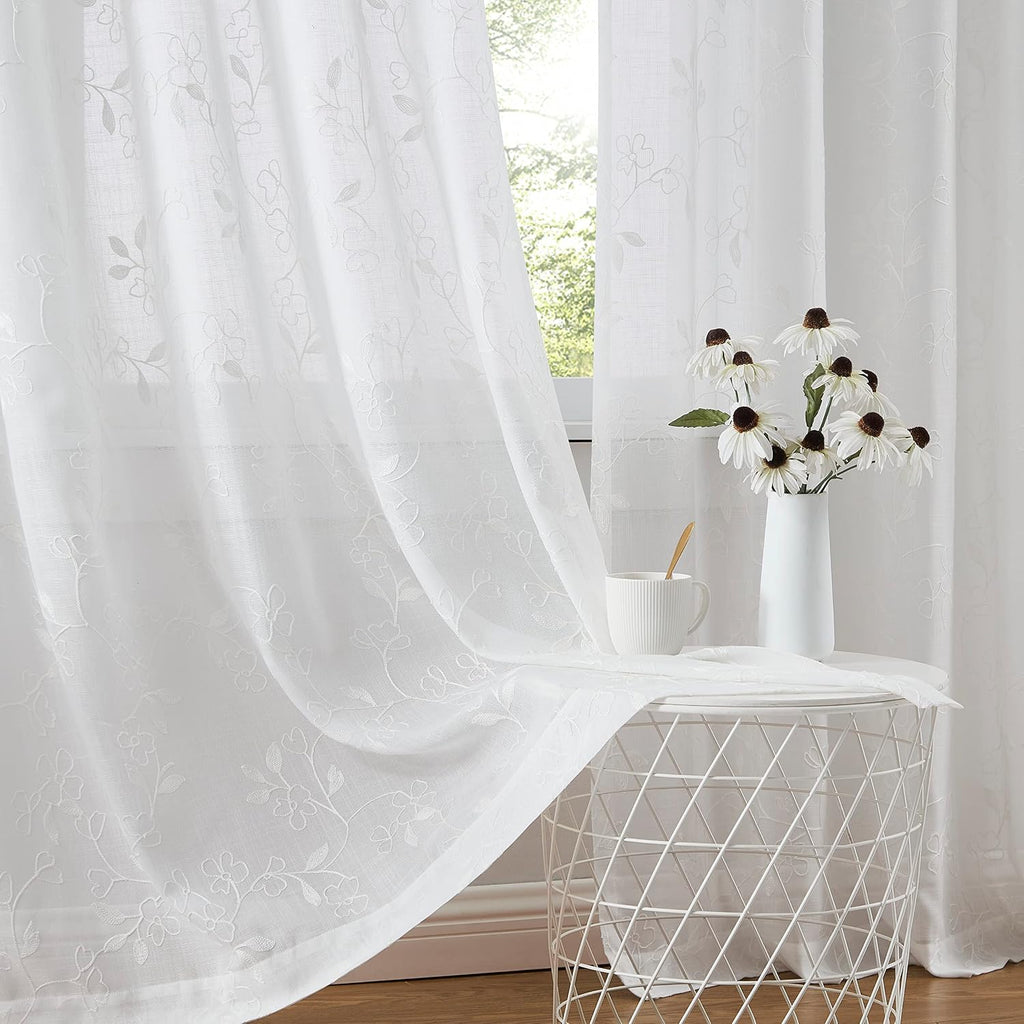 White Embroidered Floral Pinch Pleated Sheer Curtains Leaf Patterned Rustic Light Filtering Window Panels for Living
