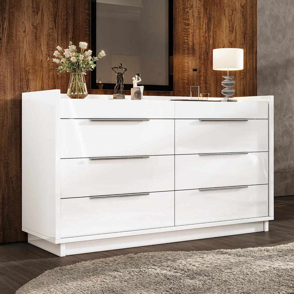 47.2" W 8-Drawer Dresser with Glass Top, High Gloss, White | Wide Dresser, 2 Jewelry Drawers, LED Lighting, Spacious
