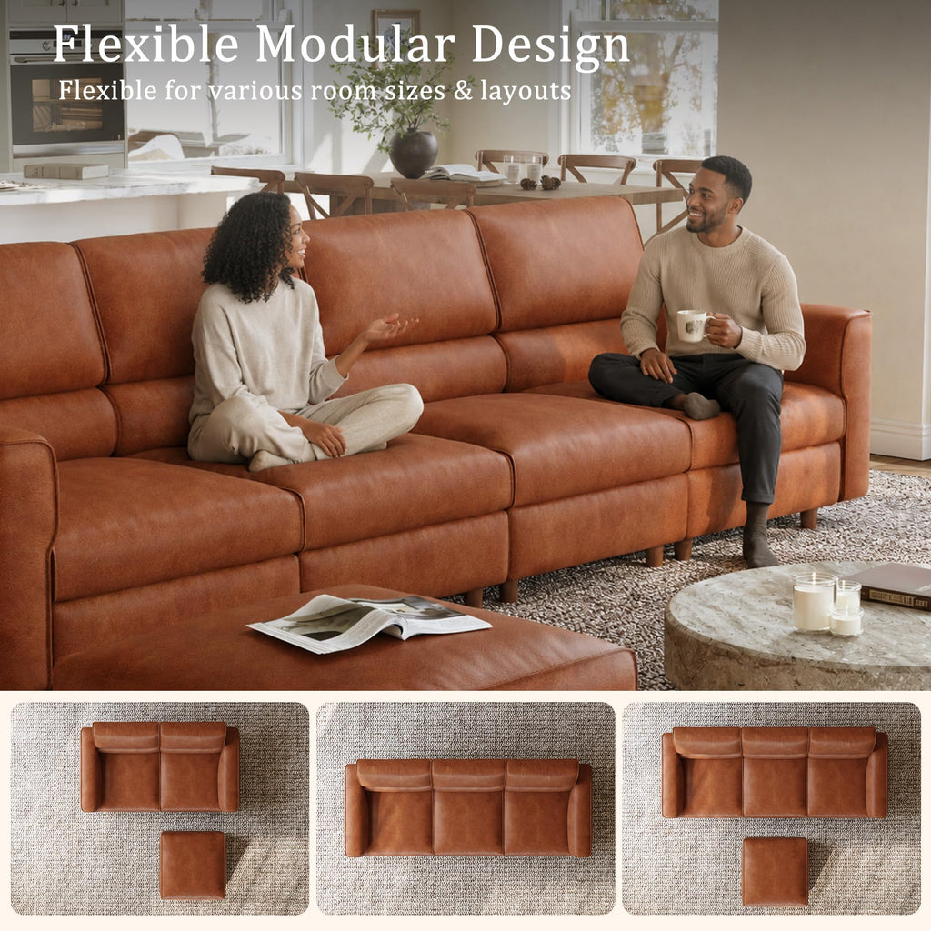 119.2" Leather Modular sectional couches, with storage, Brown