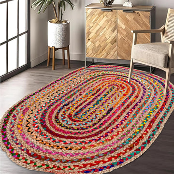 Farmhouse Jute Cotton Chindi Rug 4x6 Oval Multicolor, Handwoven Braided Area Rug
