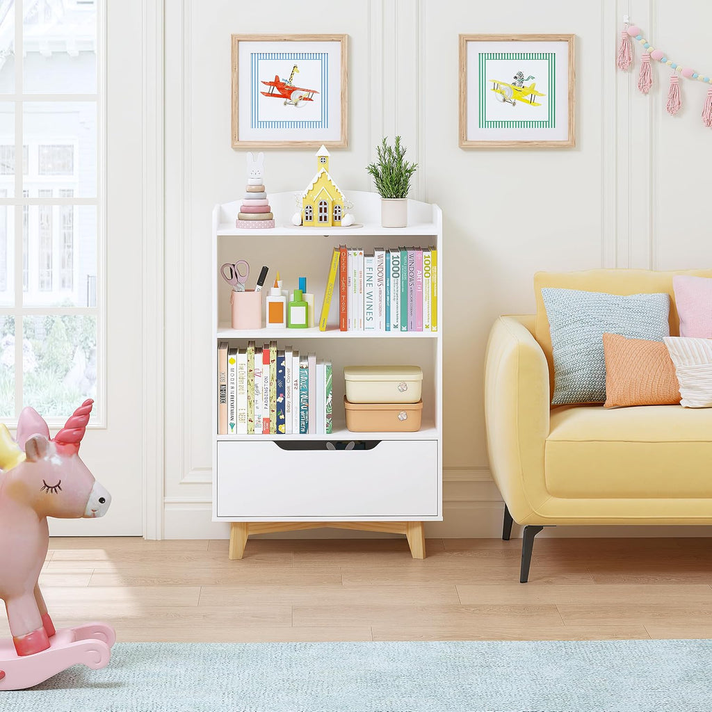 Kids Bookshelf, Children Bookcases with Drawer, Toy Storage Organizer | Corner Book Shelf for Kids Rooms, Solid Wood