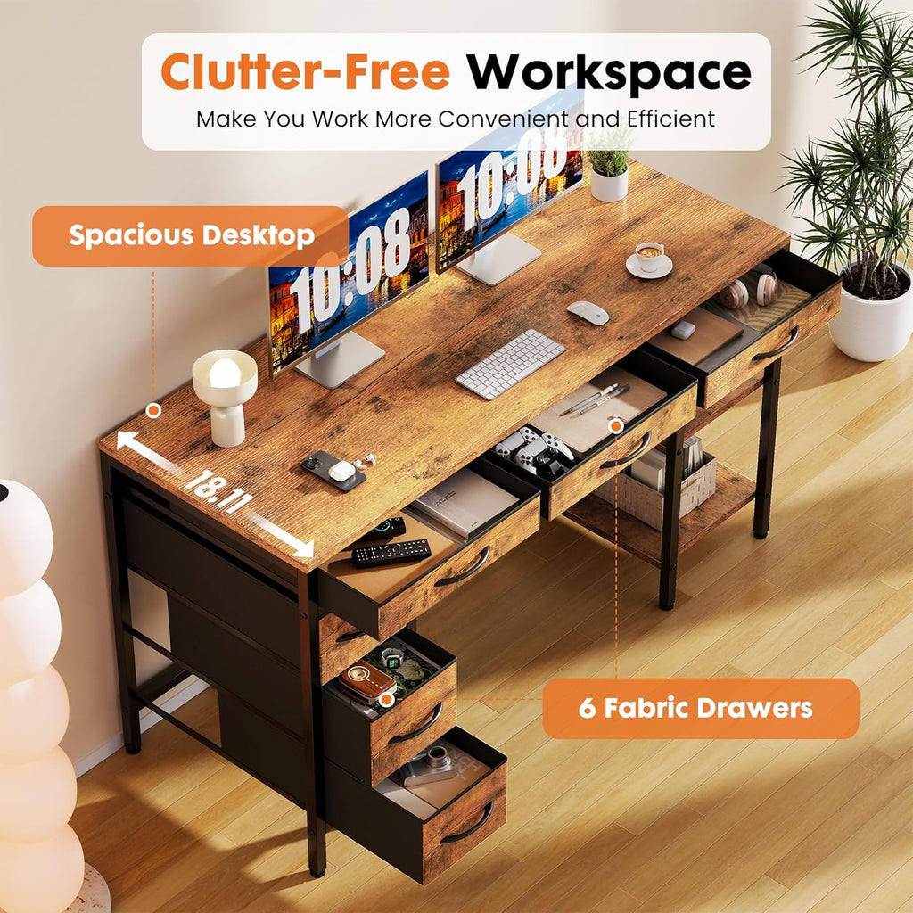 55" Computer Desk with 6 Drawers, Home Office Gaming Desks with Storage Shelves