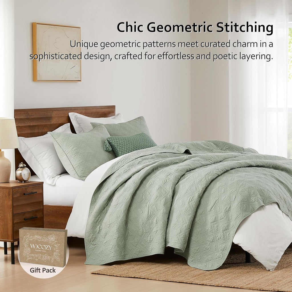 100% Cotton Quilt Set - Sage Green Pre-Washed Soft Lightweight Modern Bedspread, Farmhouse Country Rustic