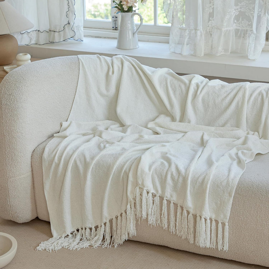 Soft Chenille Throw Blanket 50'' x 60'' - Cozy Fluffy Blanket with Fringe Tassel, Farmhouse Boho Blankets, Cream