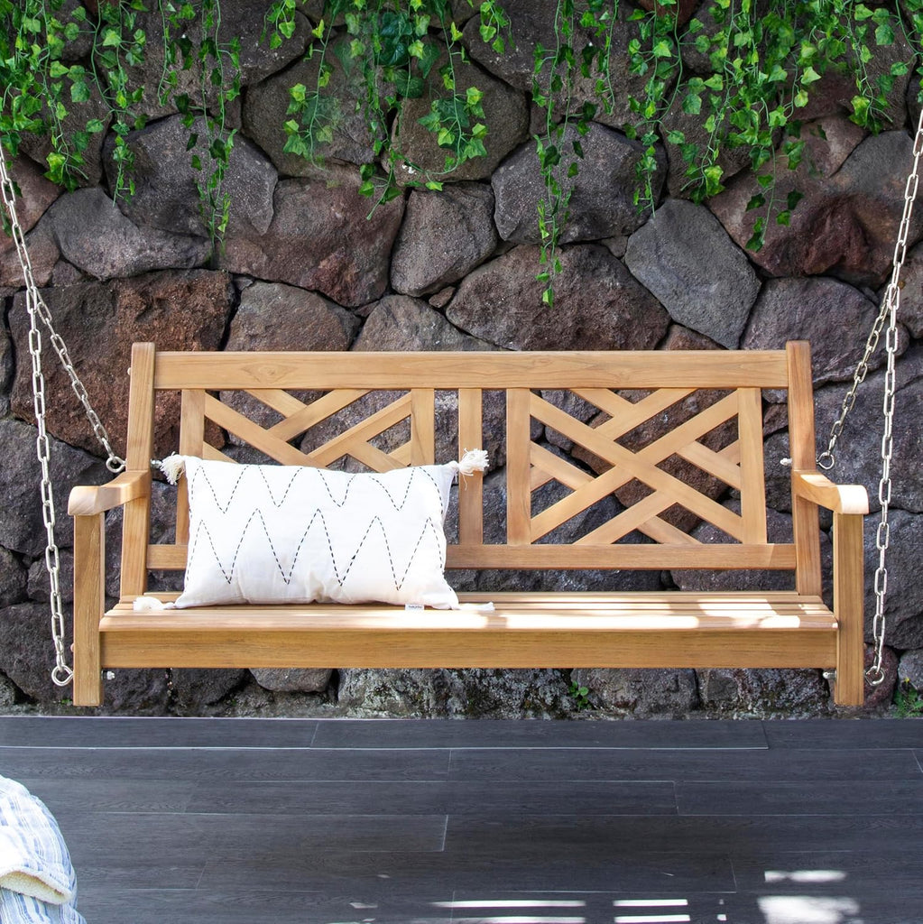 Maine Teak Porch Swing - Solid Wood Hanging Outdoor 2-Seater Swing Bench for Porch, Weather-Resistant & Durable