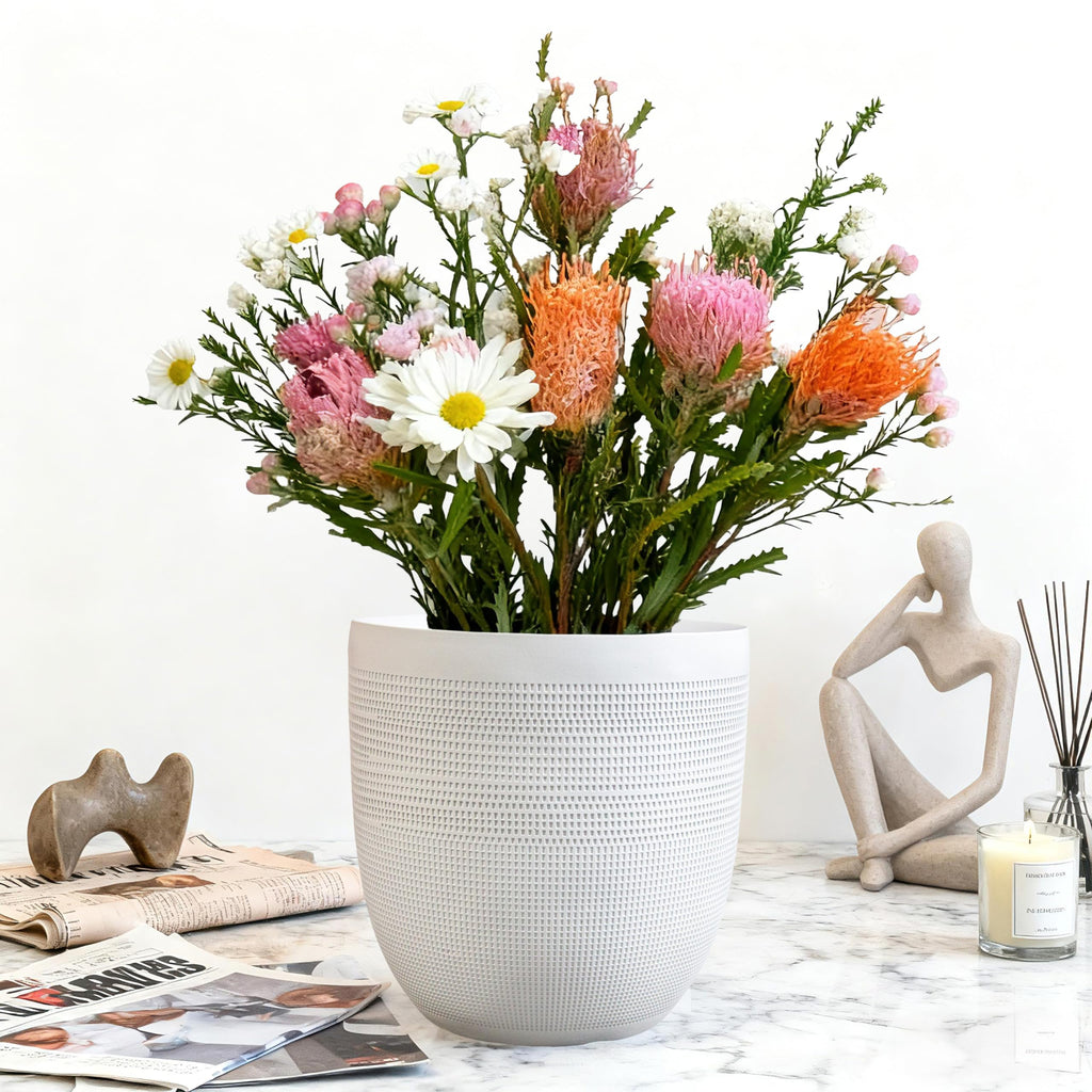 12 Inch Dia Round Fiberstone Planter - White Matte Decorative Flower Pot with Drainage Hole, Lightweight Durable