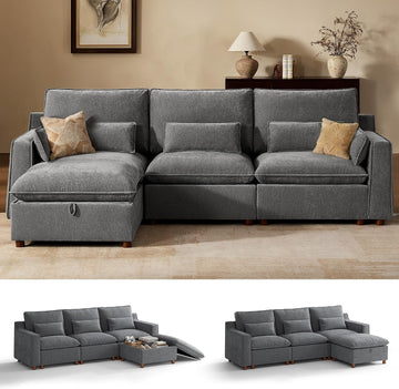 Modern Modular Sectional Sofa,103" L Shape Minimalist Couch with Storage Ottoman,Comfty 4 Seat Sofa ,Grey Chenille