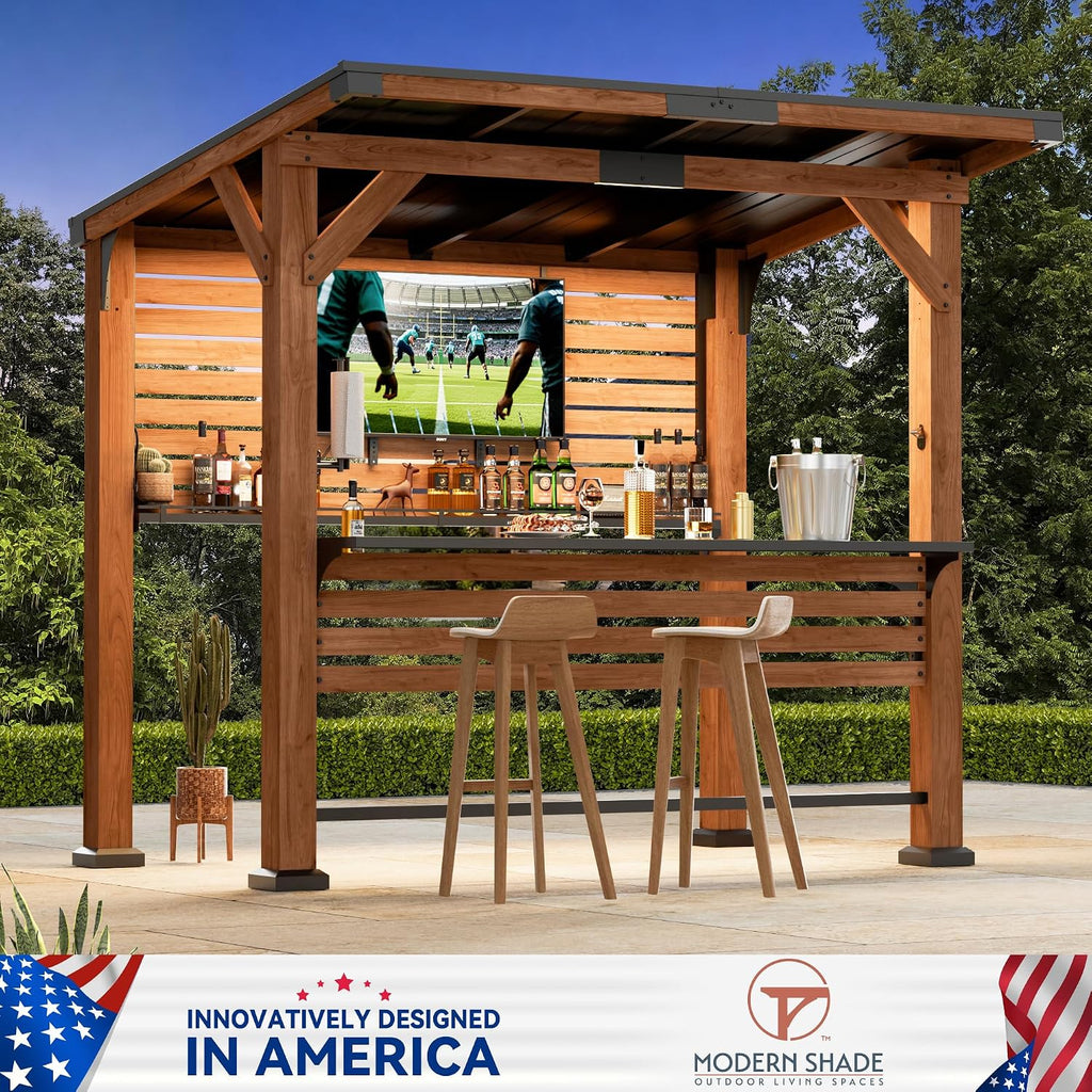Modern Shade Cedar Wood Outdoor Bar with Shelves & Paper Towel Holder, Grill Gazebo with USB and USB-C Charging Ports