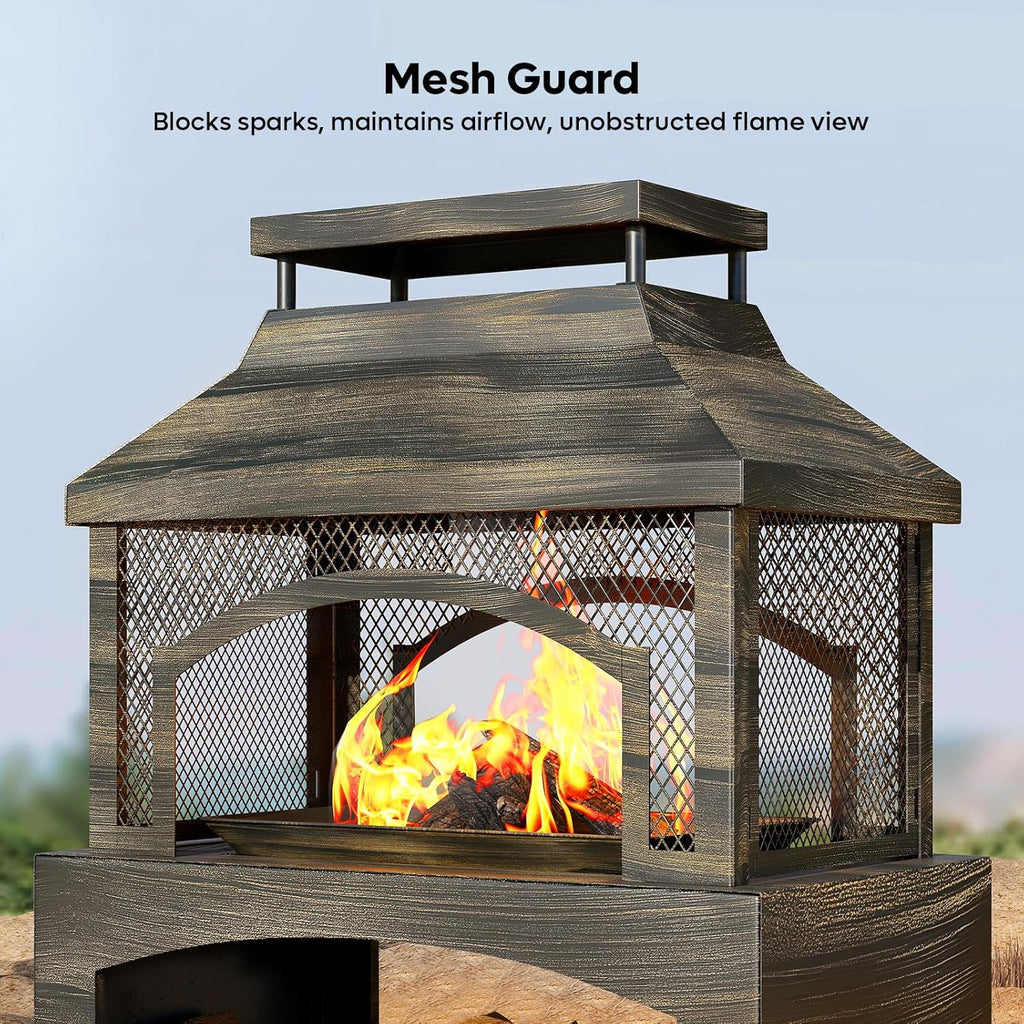 37" Fire Pits, Wood Burning Fireplace for Outside Rectangular Chiminea Outdoor Firepits with Poker, Wood Storage