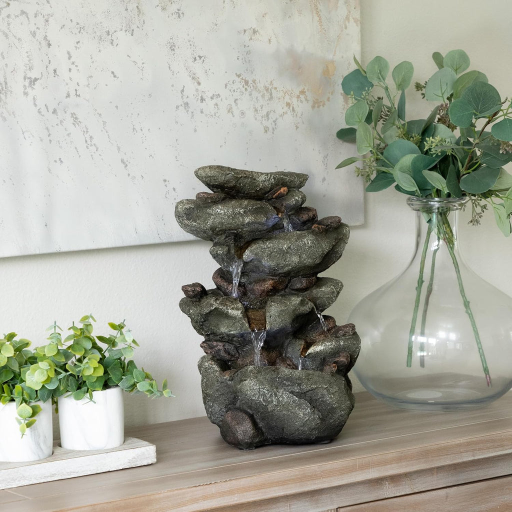 14" Indoor Tabletop Rainforest Rock Water Fountain with LED Lights, Tiered Desktop Fountain and Office Décor, Gray
