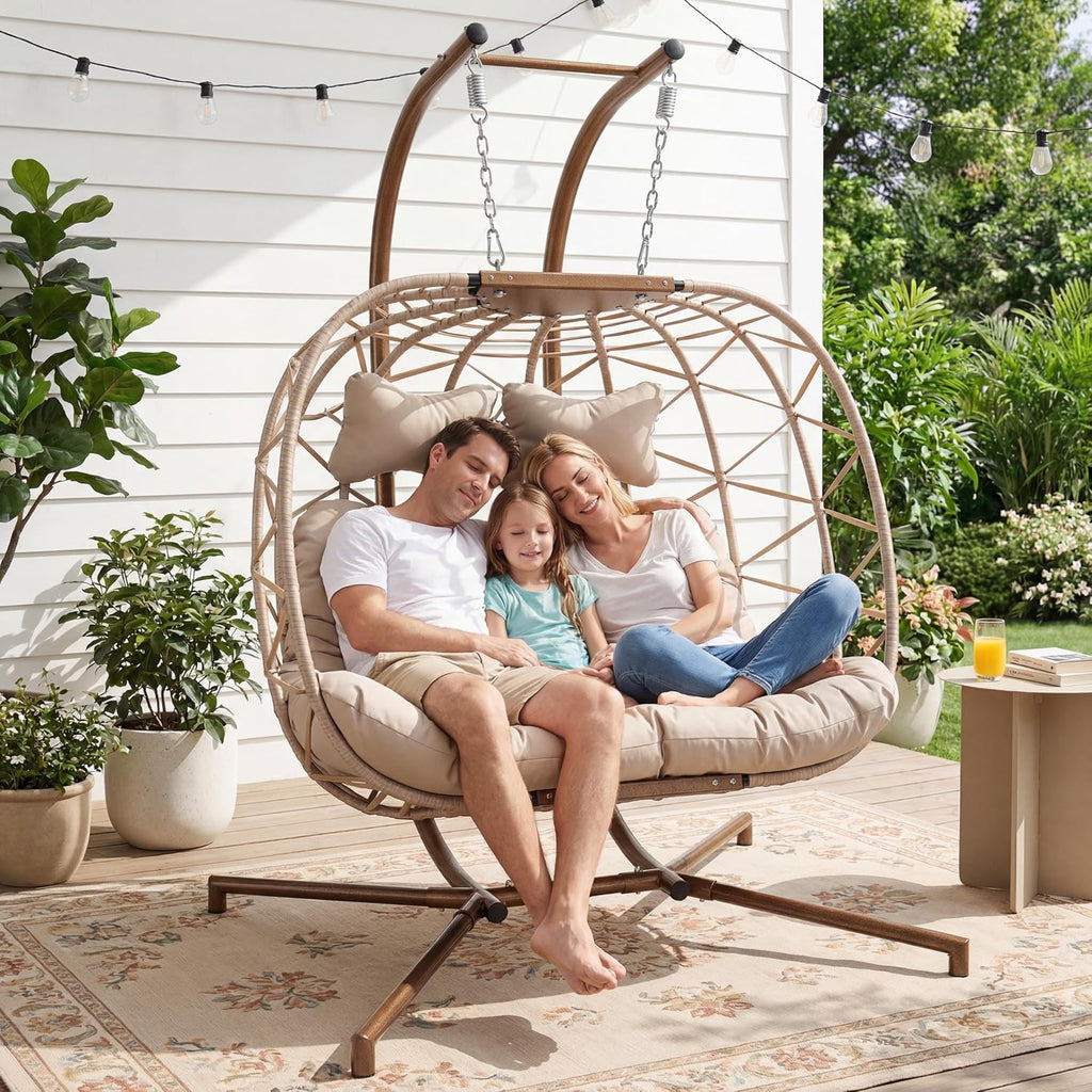 Double Egg Chair Outdoor Indoor, Oversized 2 Person Swing with Stand, All-Weather Large Wicker Hanging Loveseat