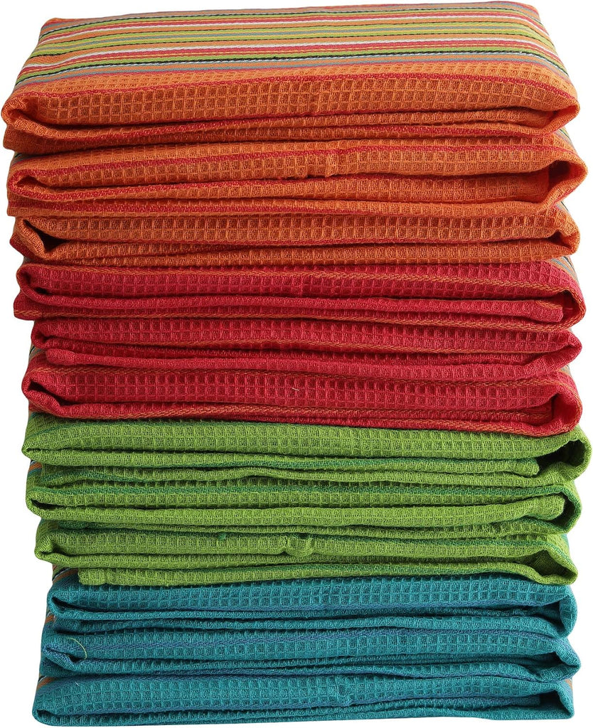 Salsa Stripe Kitchen Dish Towels, 100% Cotton, Highly Absorbent, Multi Purpose Waffle Tea Towels for Cooking, Drying