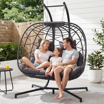 Double Egg Swing Chair with Stand, Oversized 2-Person Indoor Outdoor Hanging Hammock Chairs with Cushion, Wide and