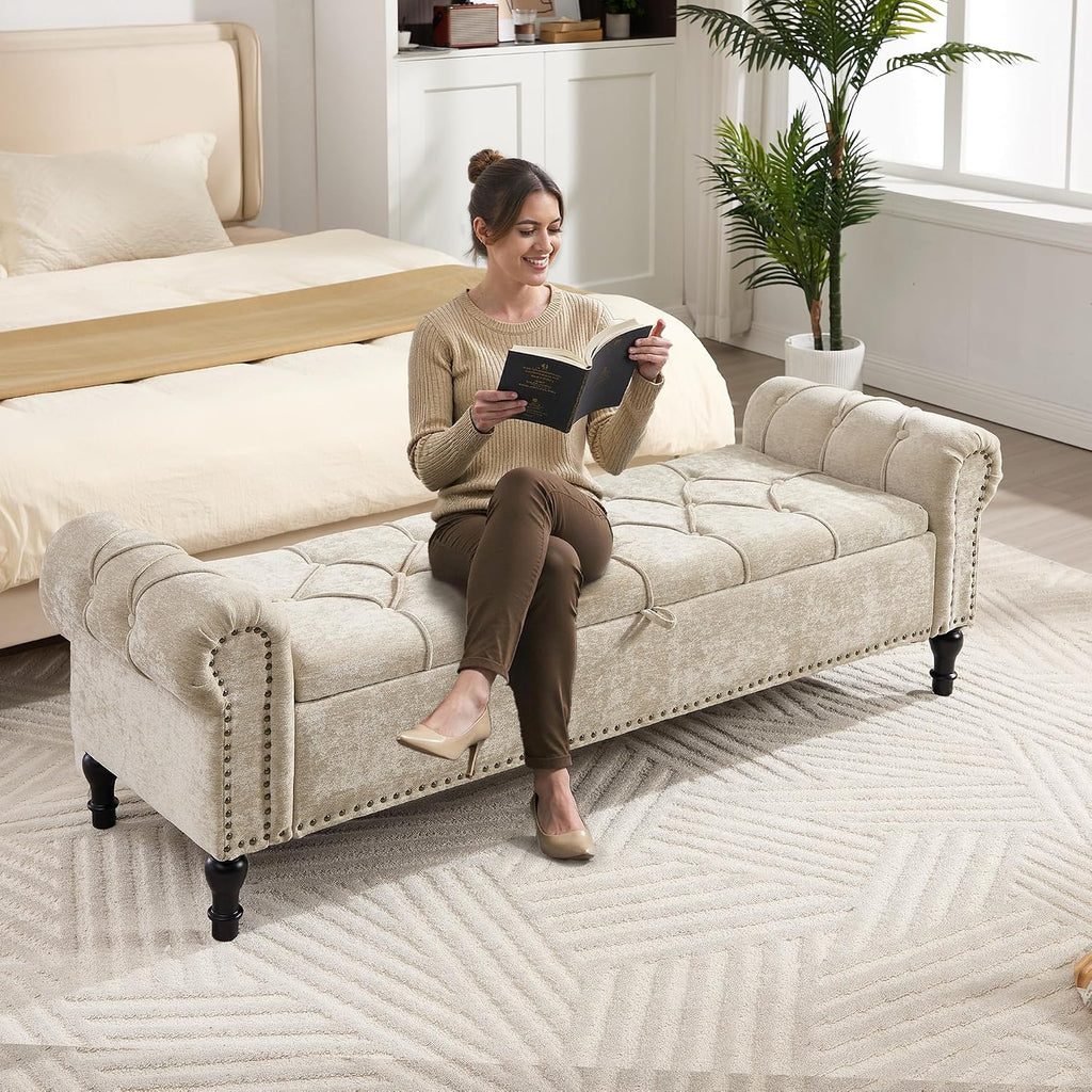 Storage Bed Bench , Chenille 67" End of Bed King Size Benches with Armrest, Tufted Button Upholstered Ottoman Bench