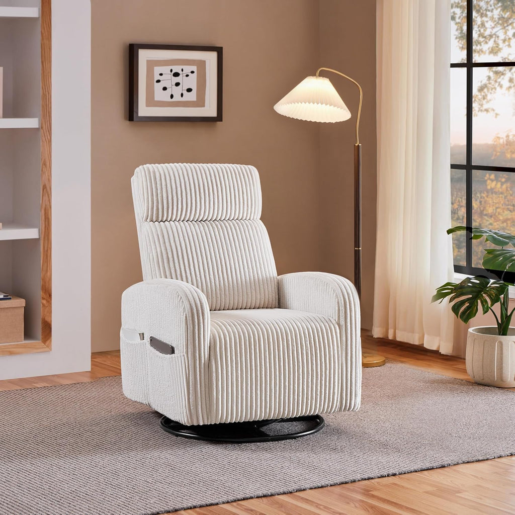 360° Swivel Nursery Rocking Chairs, Glider Rocker with Side Pockets, upholstered Rocking Chair Reading Chairs, Beige