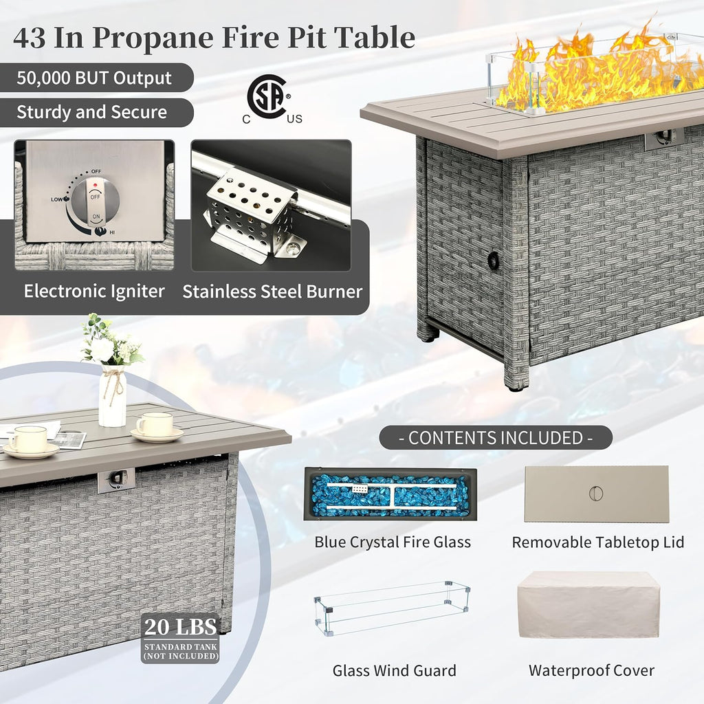 Patio Furniture Set 7 Piece Grey Wicker Outdoor Conversation Sets PE Rattan Sectional Sofa with Propane Fire