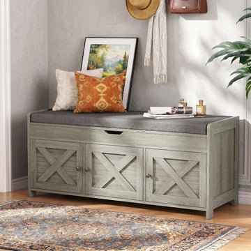 Shoe Storage Bench with Seating, Farmhouse Entryway Bench with Shoe Storage and Cushion, Under Window Benches Wooden