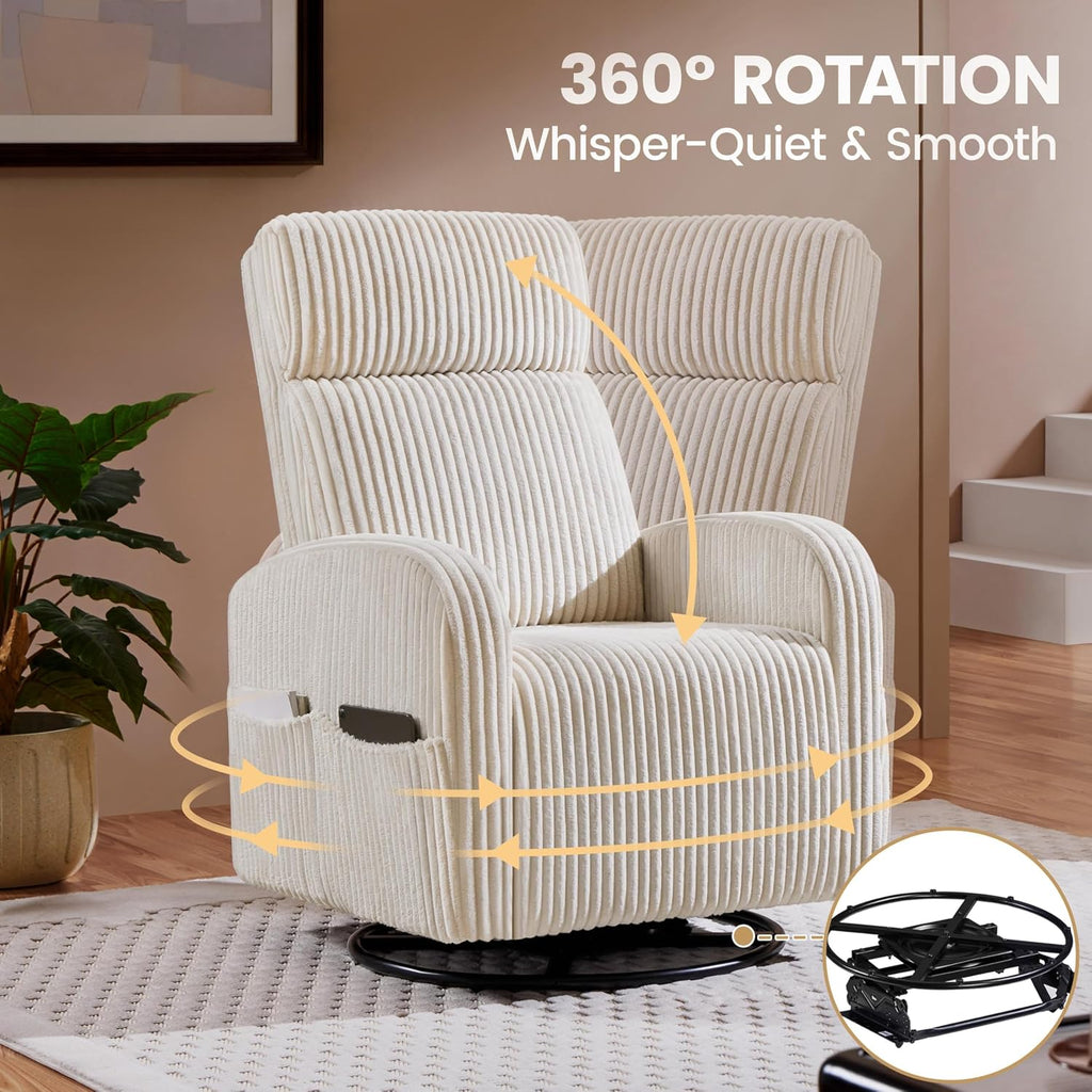 360° Swivel Nursery Rocking Chairs, Glider Rocker with Side Pockets, upholstered Rocking Chair Reading Chairs, Beige