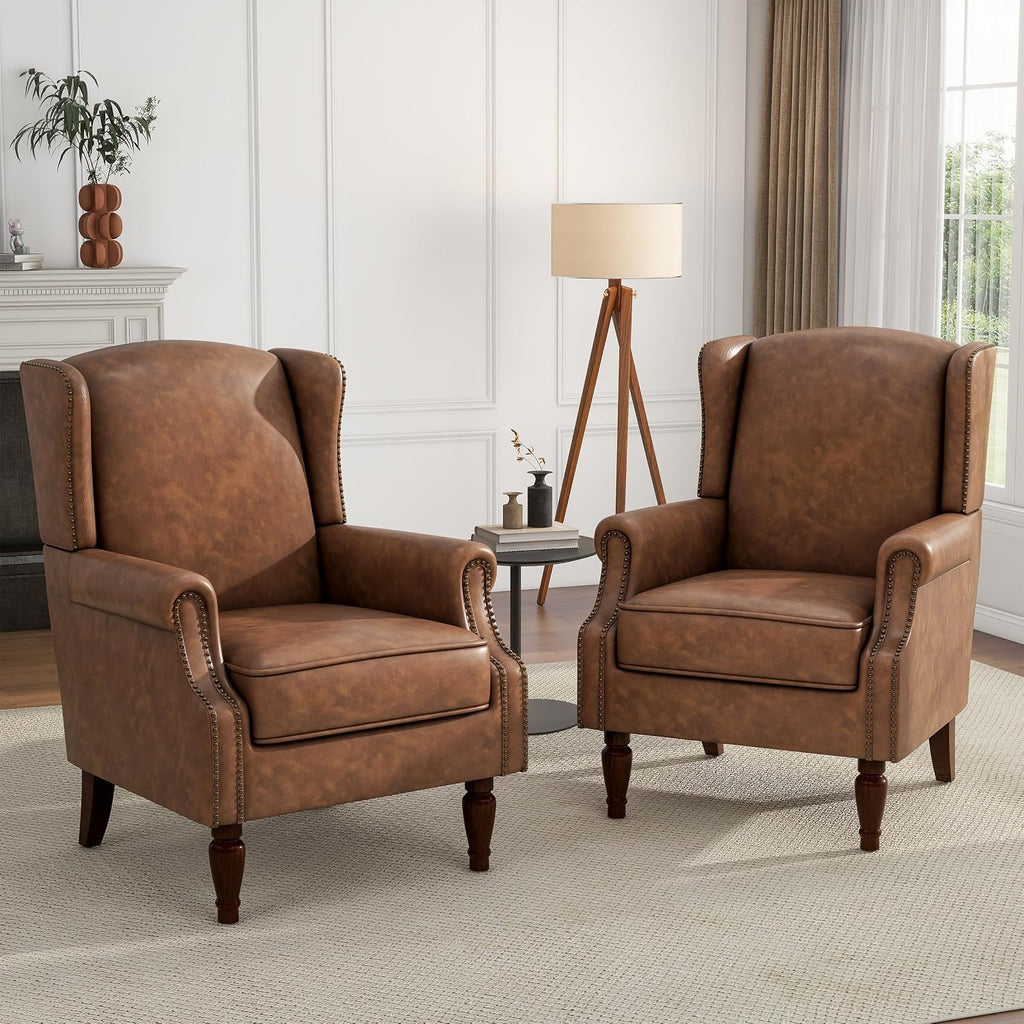 PU Leather Wingback Accent Chair, Upholstered High Back Armchair | Modern Reading Seat with Wooden Legs & Removable
