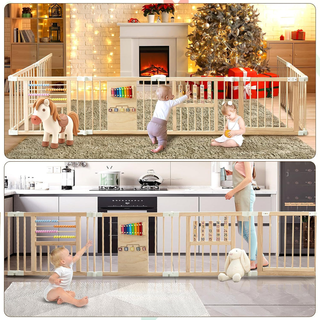 Wooden Playpen with 3 Learning Toys, Foldable 59x59, Babies & Toddlers | Learning toys: xylophone, abacus & blocks.
