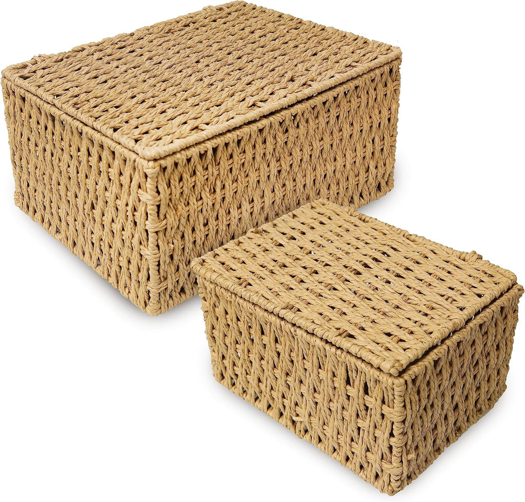 Woven Stackable Storage Baskets with Lid, Decorative Rope Organizer Bin - Set of 4 (4 Sizes), Beige (No Liner)