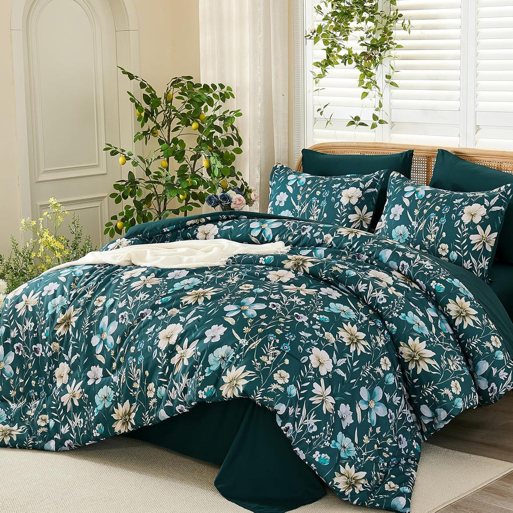 Queen Floral Comforter Set 7 Pieces, Teal Floral Comforter with Sheet Set, Flowers Leaves Pattern