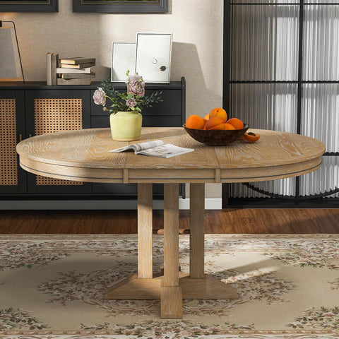 Farmhouse Expandable Round Dining Table, 42 to 56 Inch Vintage Solid Wood Kitchen Table with Removable Oval Leaf