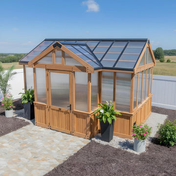 Discovery Savannah Chalet-Style 14.5' x 12' Cedar and Polycarbonate Walk-In Greenhouse Kit with Sink, Exhaust Fans