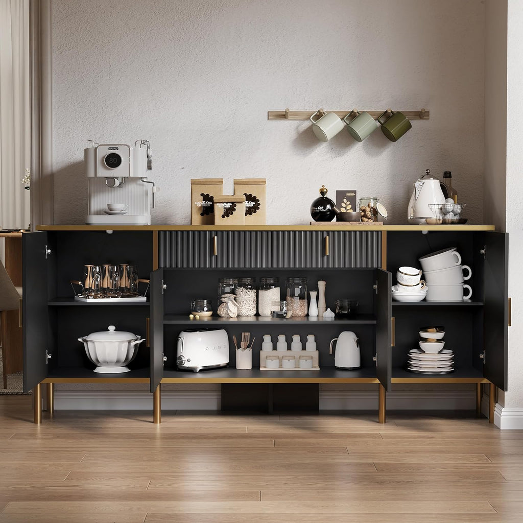 60" Modern Sideboard Buffet Cabinet, Fluted Storage Sideboard with Adjustable Shelves & Pop-Up Doors, Multifunctional