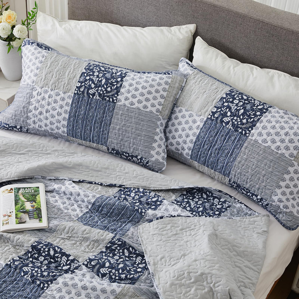 Navy Blue Gray Quilt Set 128x120, 3 Piece Quilted Bedspread Set Patchwork Plaid Bedding Comforter Set