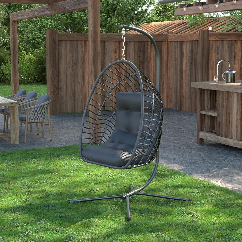 Hanging Egg Chair with Stand Indoor Outdoor, Foldable Rattan Wicker Hammock Egg Swing Chair Porch Patio Garden