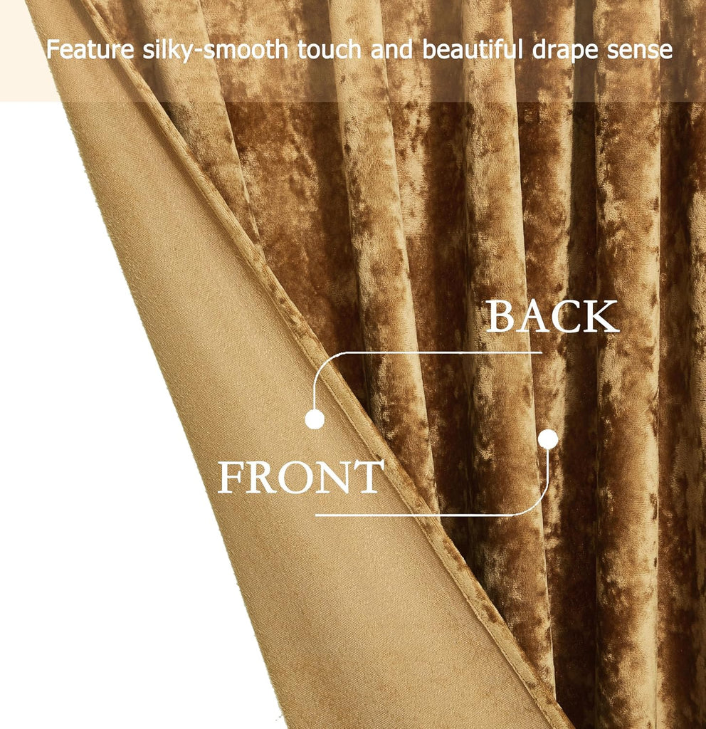Lux Caramel Gold Crushed Velvet Curtains 2 Panel Set - 96 inches Long Room Darkening Luxury Distressed Velvet Rod