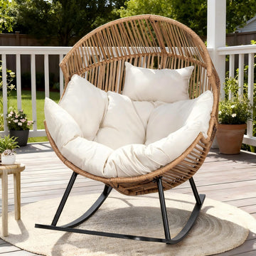 Oversized Outdoor Rocking Chair, Wicker Egg Patio Lounge Chair Basket Seat with Thick Cushion, All Weather Indoor