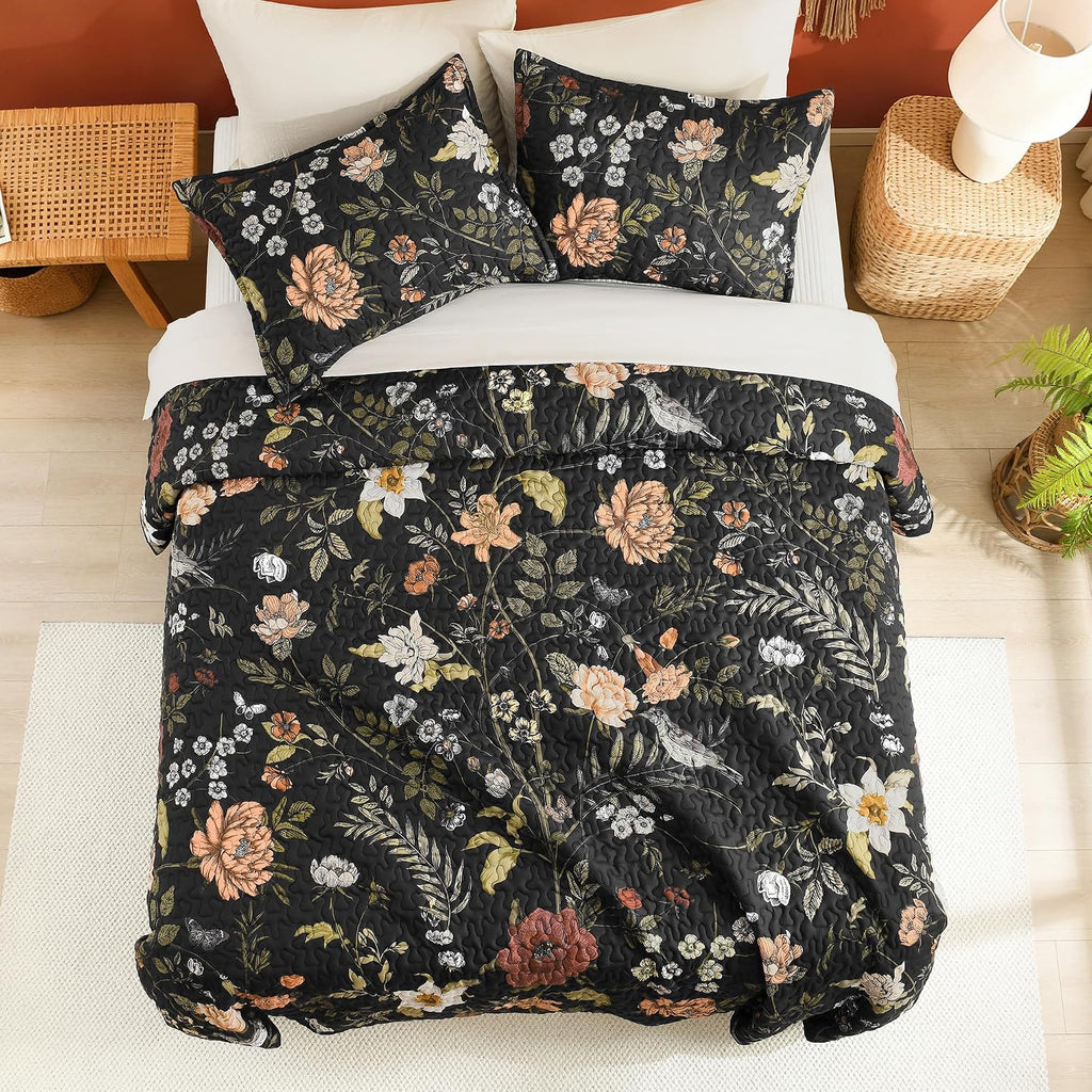 Floral Black Quilt - 3 Pieces Botanical Birds Pattern Quilt Bedding, Lightweight Soft Coverlet for All Seasons