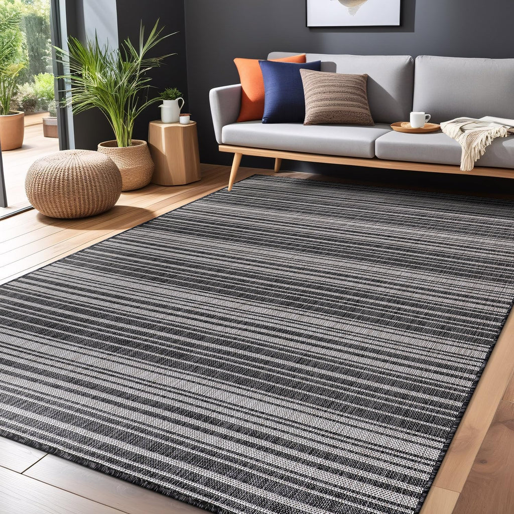 Stripe Outdoor Rug 5x7 Washable Outside Carpet Patio Porch Waterproof Easy Cleaning Non Shedding Area Rugs Dark Gray
