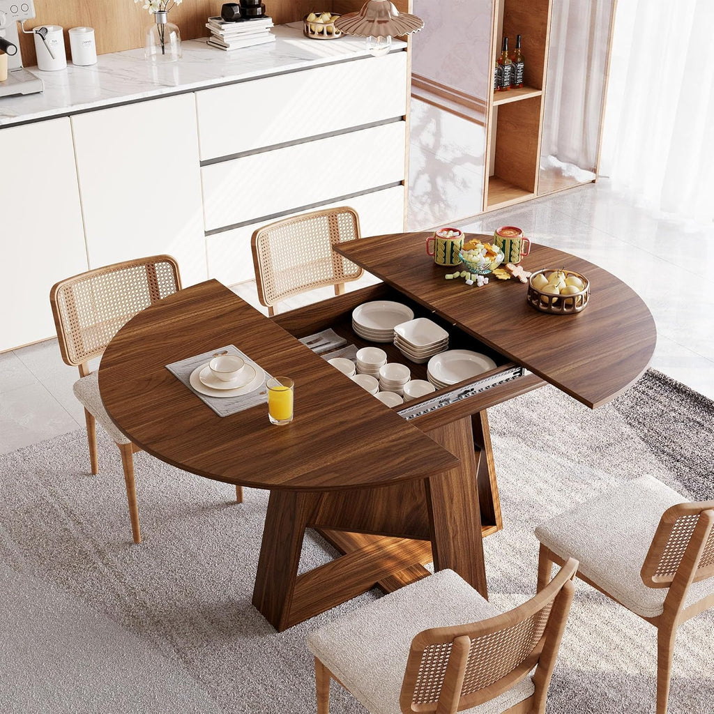 43.3in-59in Extendable Round Dining Table for 4-8 People, Modern Oval Kitchen Table with Storage Shelf & Removable