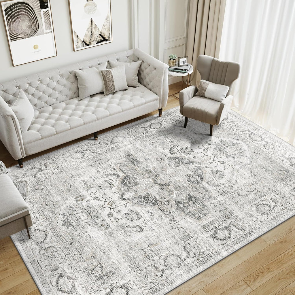 Washable 10x14 Area Rugs, Non Slip Living Room Rug Ivory/Gray