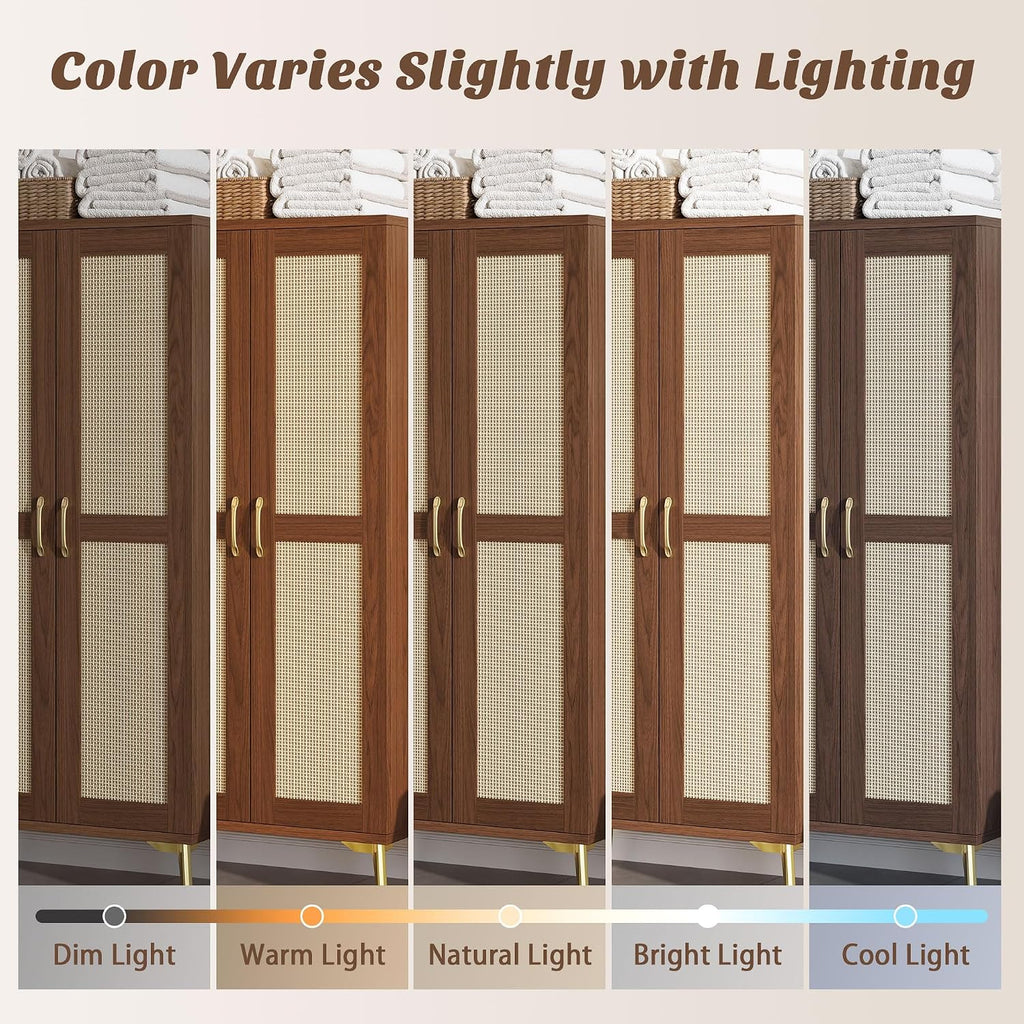 Tall Bathroom Storage Cabinet 57" Rattan Pantry Cabinet, Walnut | With Doors and Adjustable Shelves, Freestanding