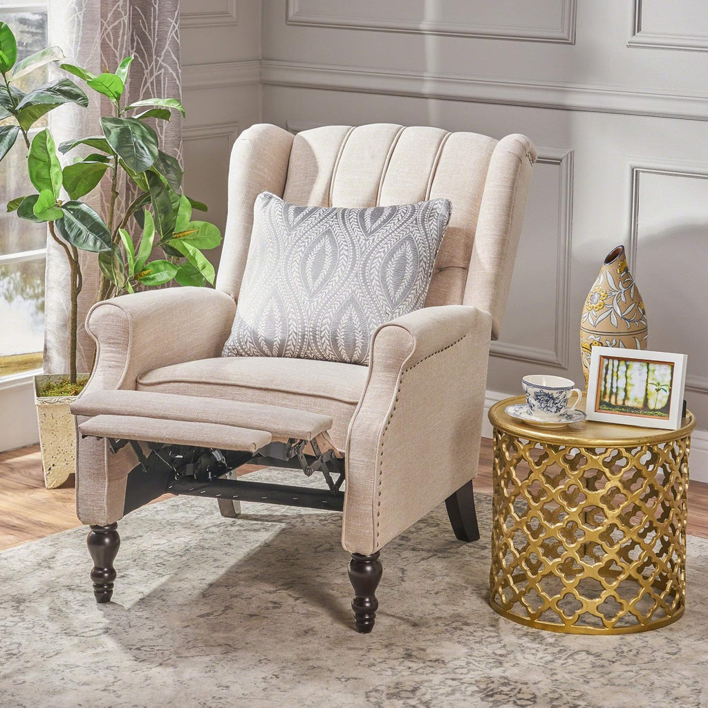 Elizabeth Tufted Fabric Recliner, Vintage Reclining Reading Armchair, Light Beige