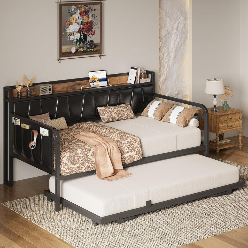 Twin XL Daybed, Day Bed Frame with Pop Up Trundle, Black | Pop Up Trundle Bed with Smooth Wheels, Charging Station