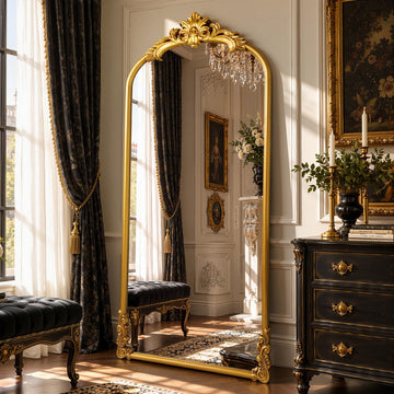 Ornate Arched Full Length Mirror 71"x 32"with Stand Antique Gold