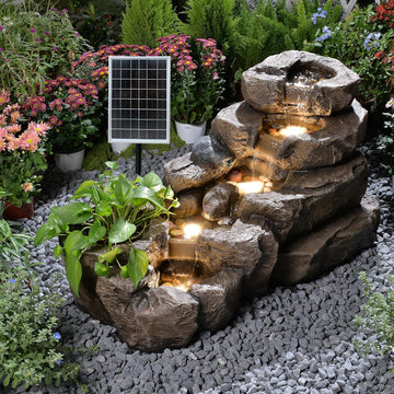 38.2" L Solar Water Fountain Outdoor Garden 5 Tiers Floor Standing Rock Natural Waterfall Outdoor Fountains with LED