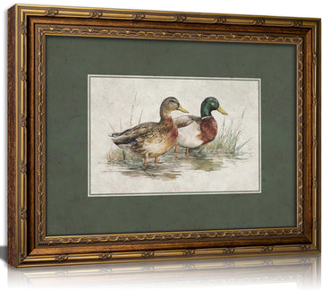 Vintage Gold Framed Wall Art, Mallard Ducks Watercolor Print with Green Border, Rustic Wildlife Nature Decor, Cabin