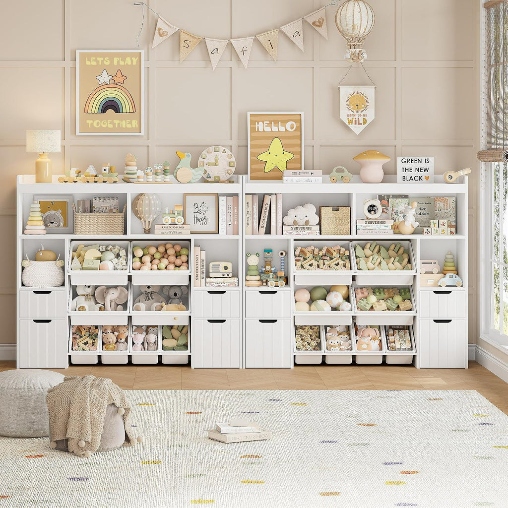 55" W Toy Storage Organizer, Large Kids Bookshelf, Toy Box, White | 8 Plastic Storage Bins / 2 Removable Toy Storage