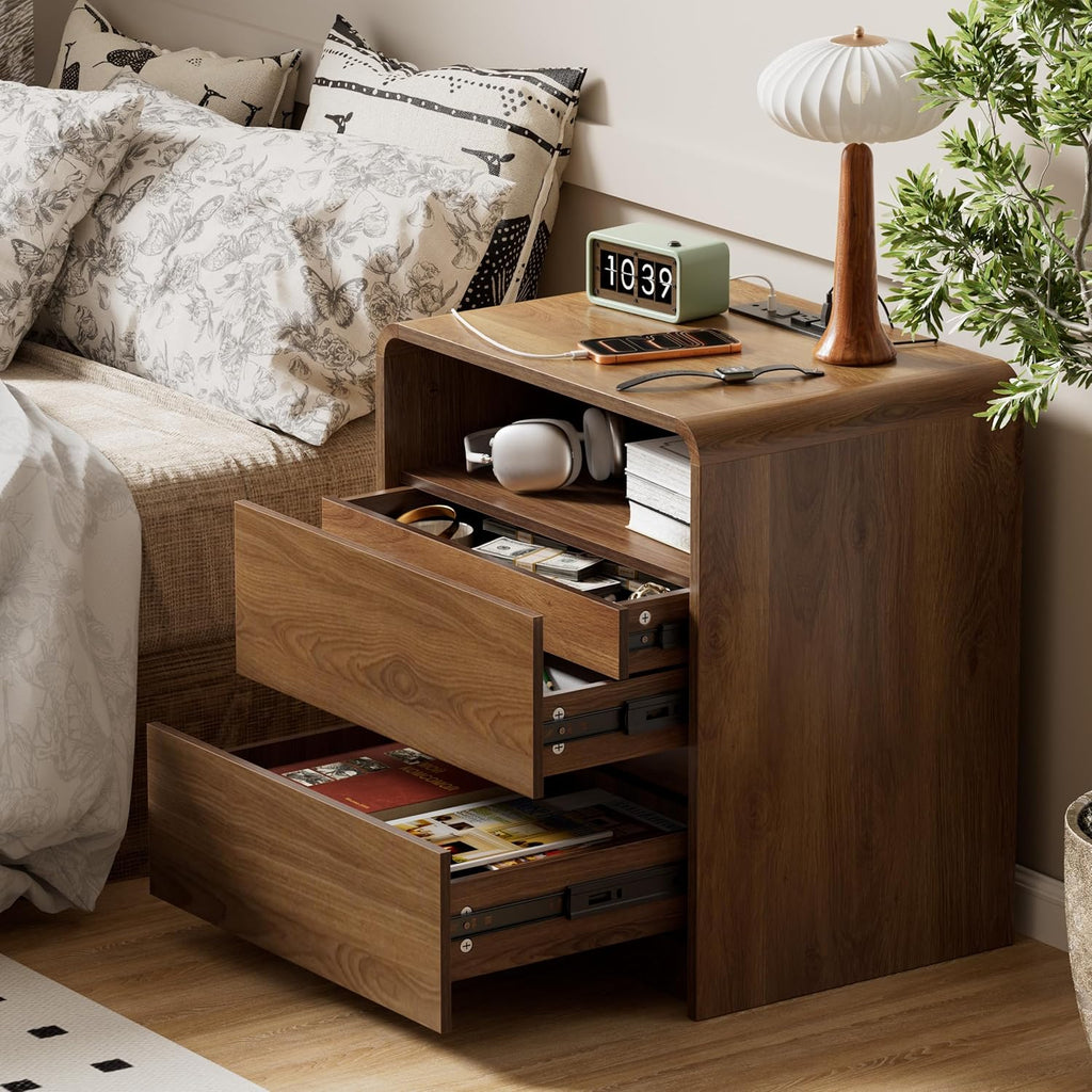 Modern Nightstand Set of 2 23.8" Walnut Nightstands with Hidden Drawers Wood Modern Bedside Table Curved Profile