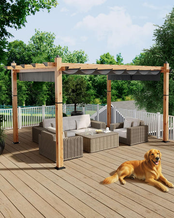 10x13 Ft Outdoor Pergola with Retractable Canopy Upgraded Wood Grain Patio Pergola for Modern Backyard Deck