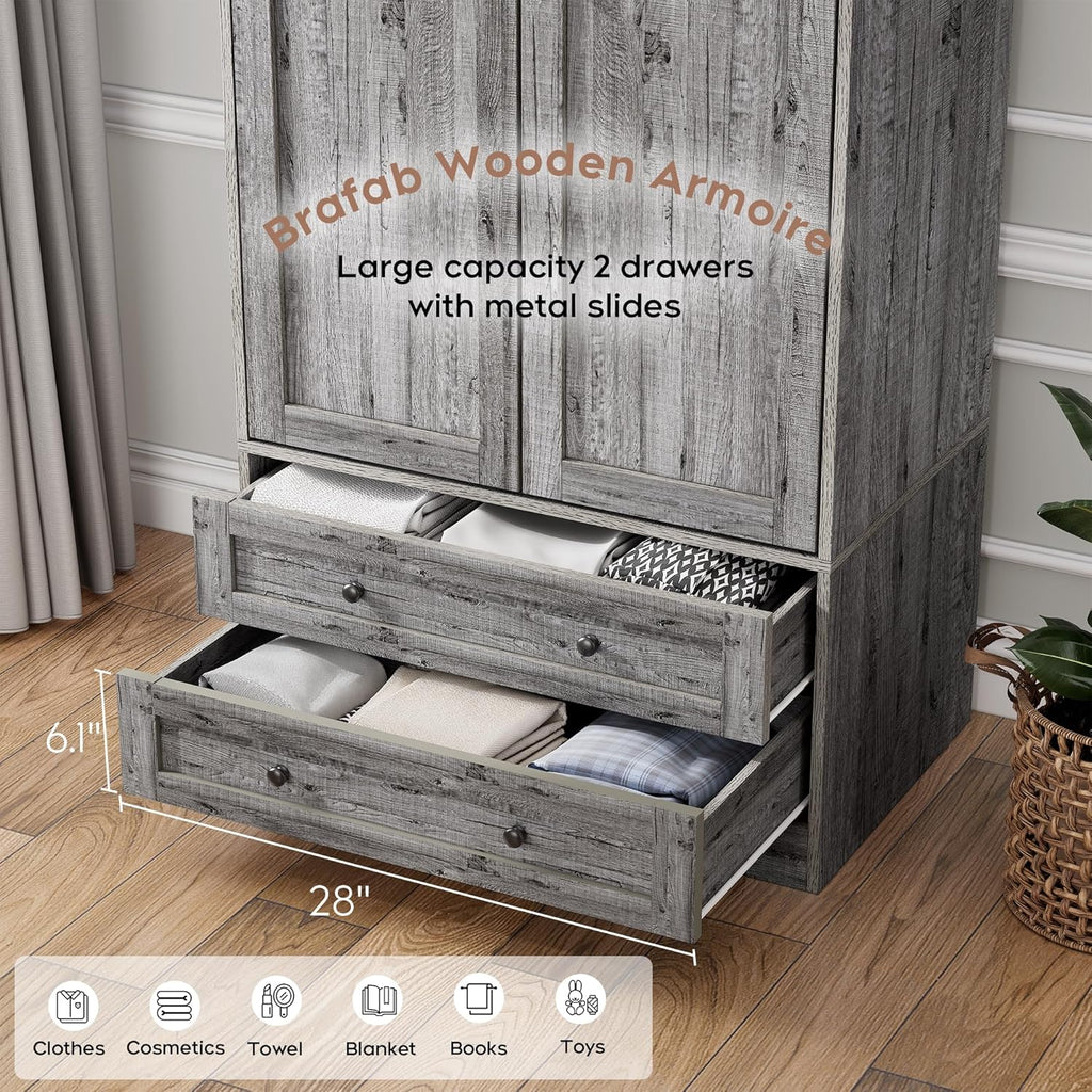 Wooden Armoire Wardrobe Closet with Drawers, Grey, 71" Tall,Set of 2 | 4 Modern Doors, Freestanding, with 4 Drawers