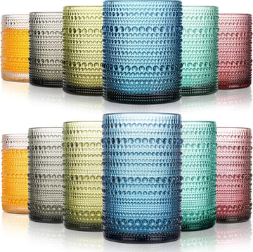 Colored Hobnail Drinking Glasses Set of 12, 15oz&12oz Kitchen Vintage Glassware, Embossed Beaded Water Tumbler for